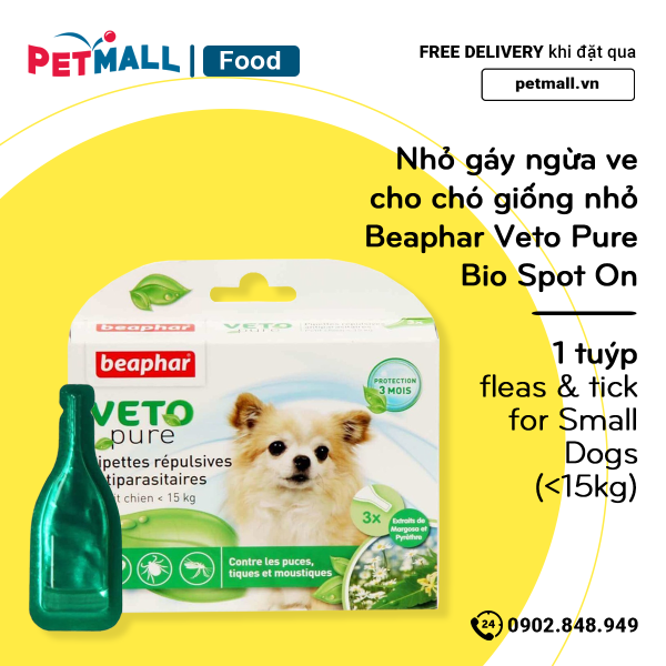 Nhỏ gáy ngừa ve cho chó giống nhỏ Beaphar Veto Pure Bio Spot On - 1 tuýp - fleas & tick for Small Dogs (15kg) petmall