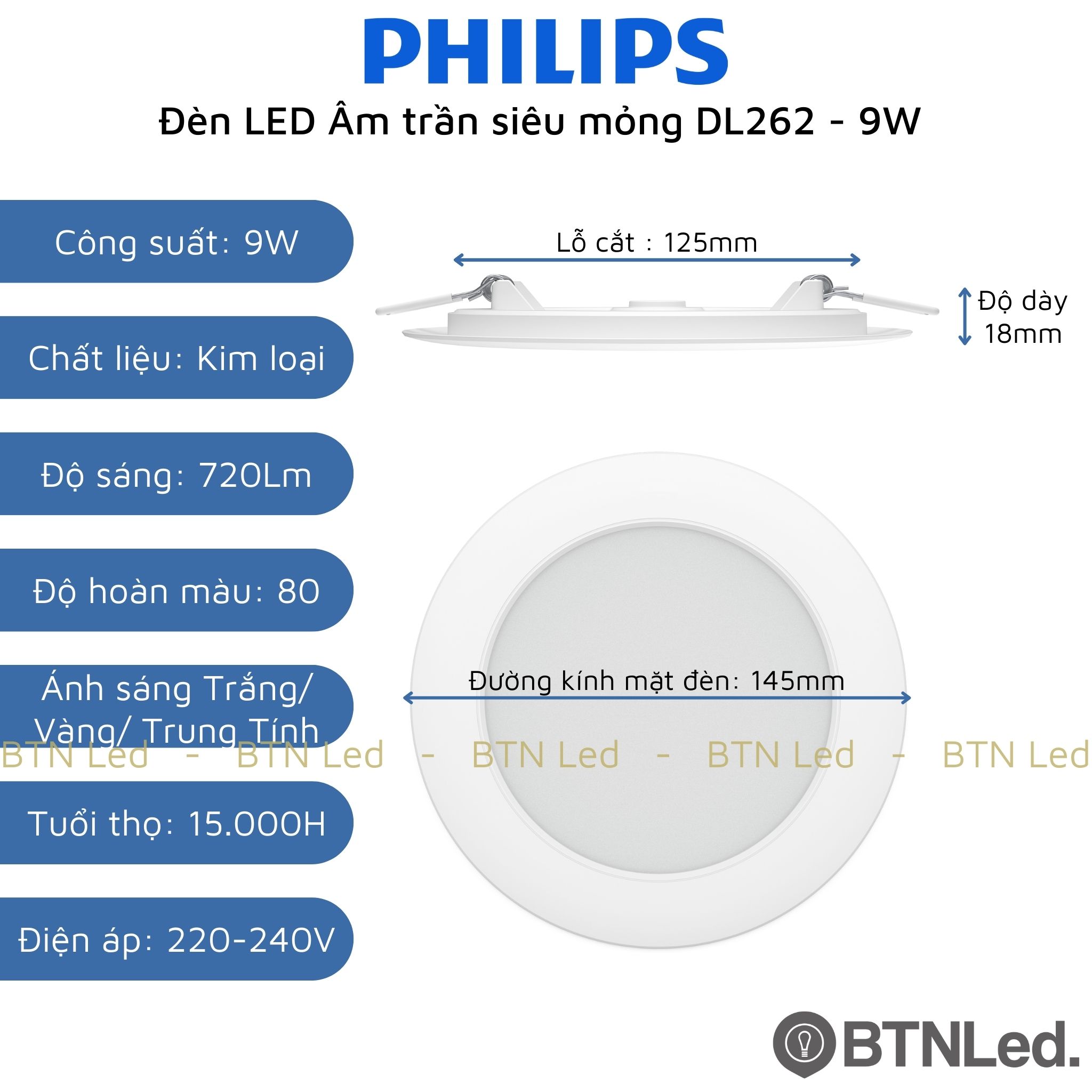 Đèn LED âm trần siêu mỏng Philips DL262 (6W / 9W /12W) - Bảo hành 24 tháng