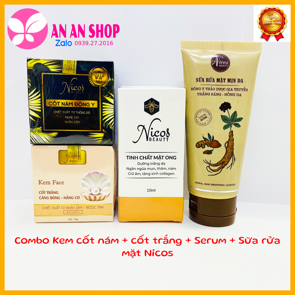 Combo Kem face Nicos Thanh Nhi - Kem cốt nám đông y 10gr + Cốt trắng + Serum mật ong + Sữa rửa mặt nicos beauty