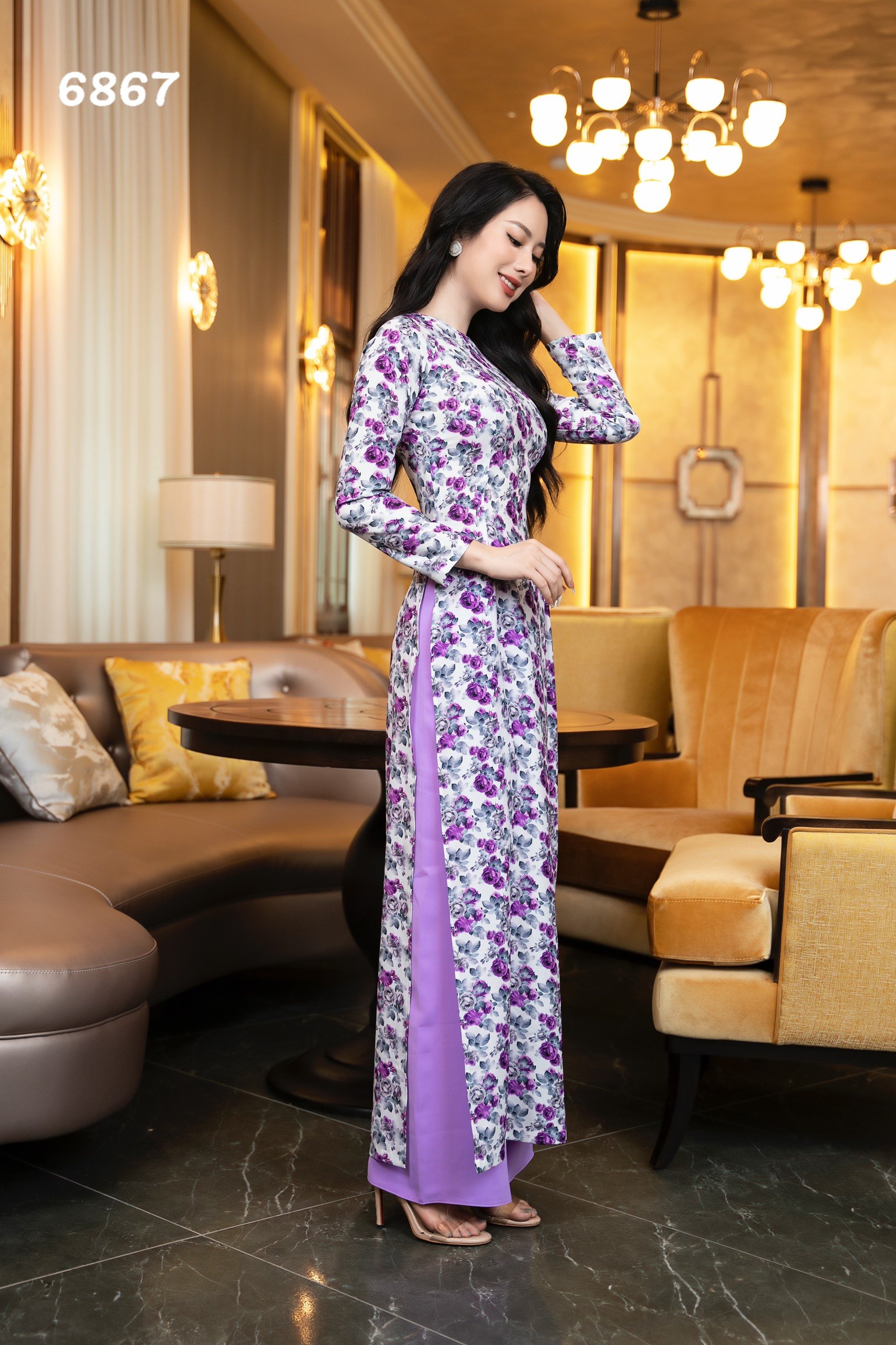 EM6867 Áo Dài Tím Cổ Tròn