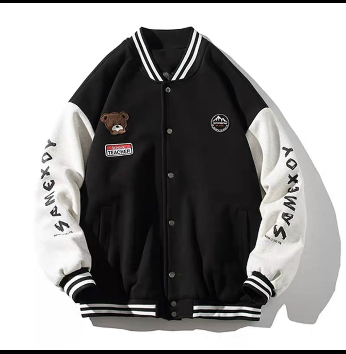 ÁO KHOÁC NỈ NGOẠI KIỂU BOMBER PHỐI MÀU TRẮNG ĐEN THÊU GẤU CỰC NGẦU FORM RỘNG THOẢI MÁI CHẤT VẢI MỀM MỊN THẤM HÚT MỒ HÔI