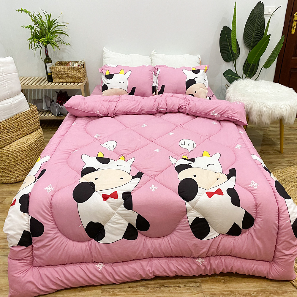 Bộ 5 món Vỏ Chăn Ga Gối, Vỏ Chăn Lồng Ruột, Chất Liệu Cotton Poly, Mẫu Vịt Vàng - ga gối anh Tài