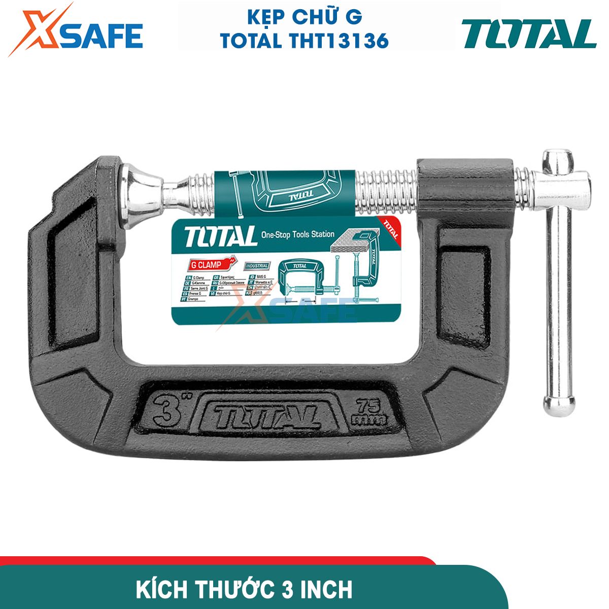 Cảo chữ C đa năng cao cấp TOTAL THT13136 3" kẹp chữ G chất liệu gang đúc nguyên khối cứng không gỉ chịu lực 1100kg gia công đá gỗ kim loại kính