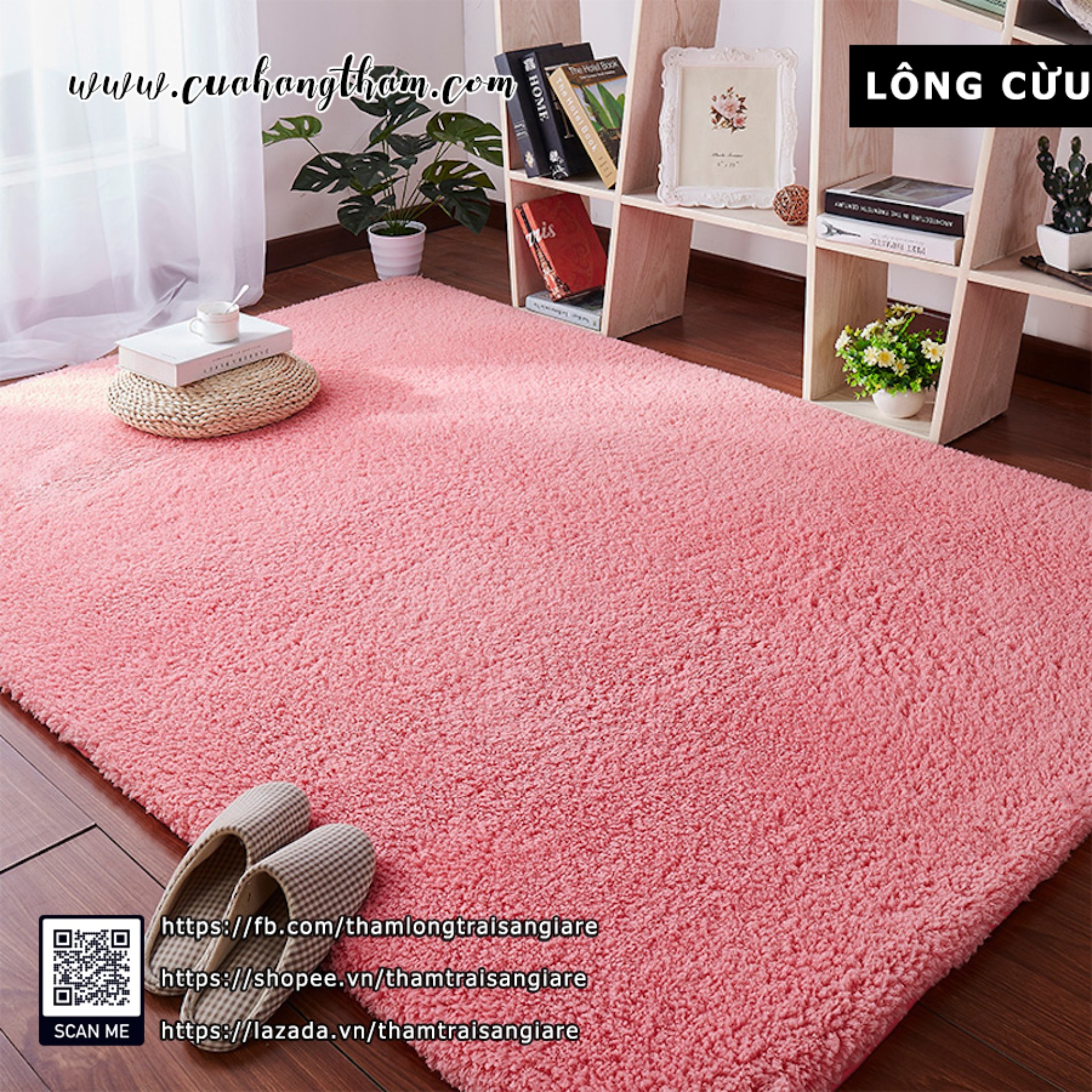 Thảm Trải Sàn Phòng Khách Lông Cừu Màu Hồng 1mx1m6 | CỪU | TUBECA