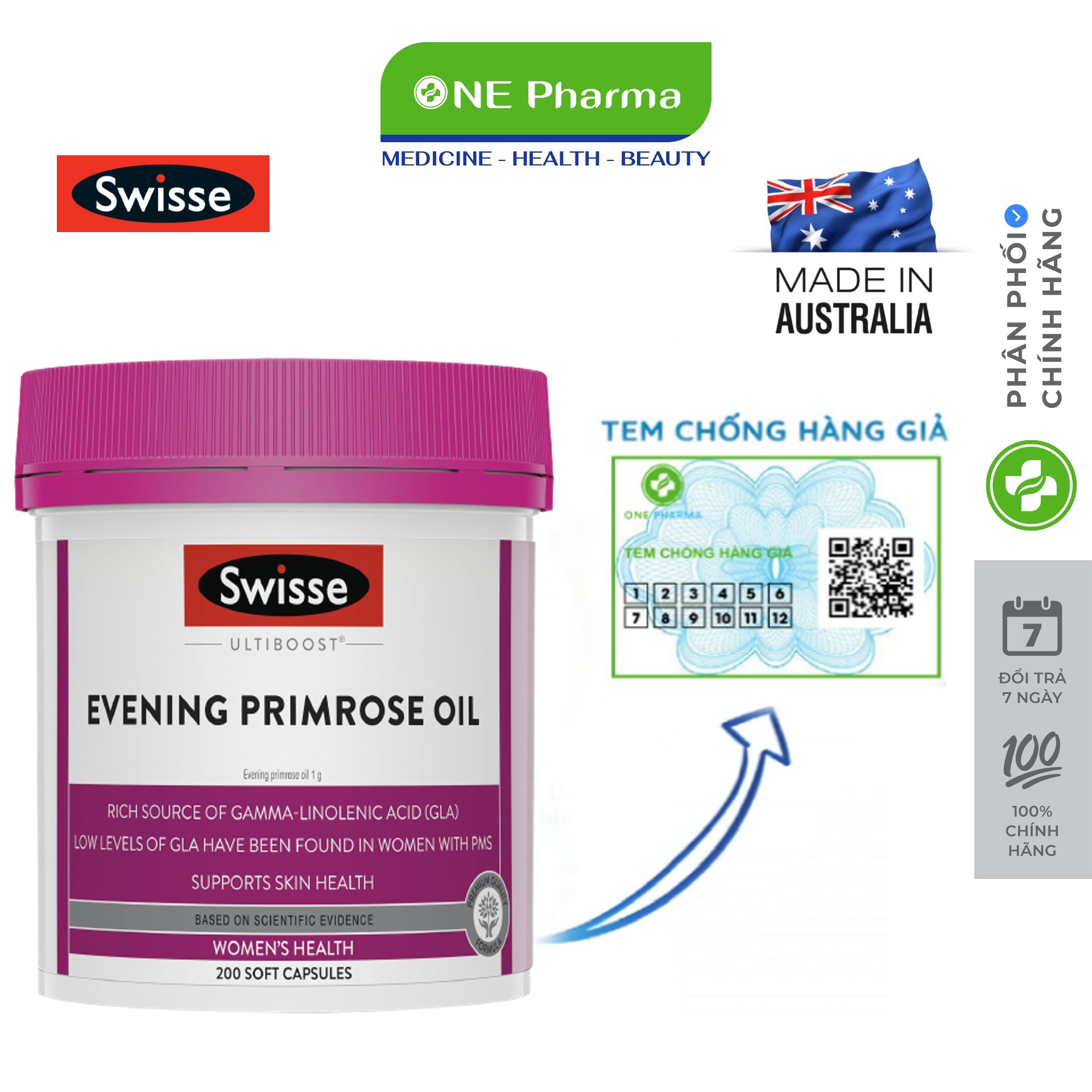 Tinh dầu hoa anh thảo swisse evening primrose oil của úc 200 viên