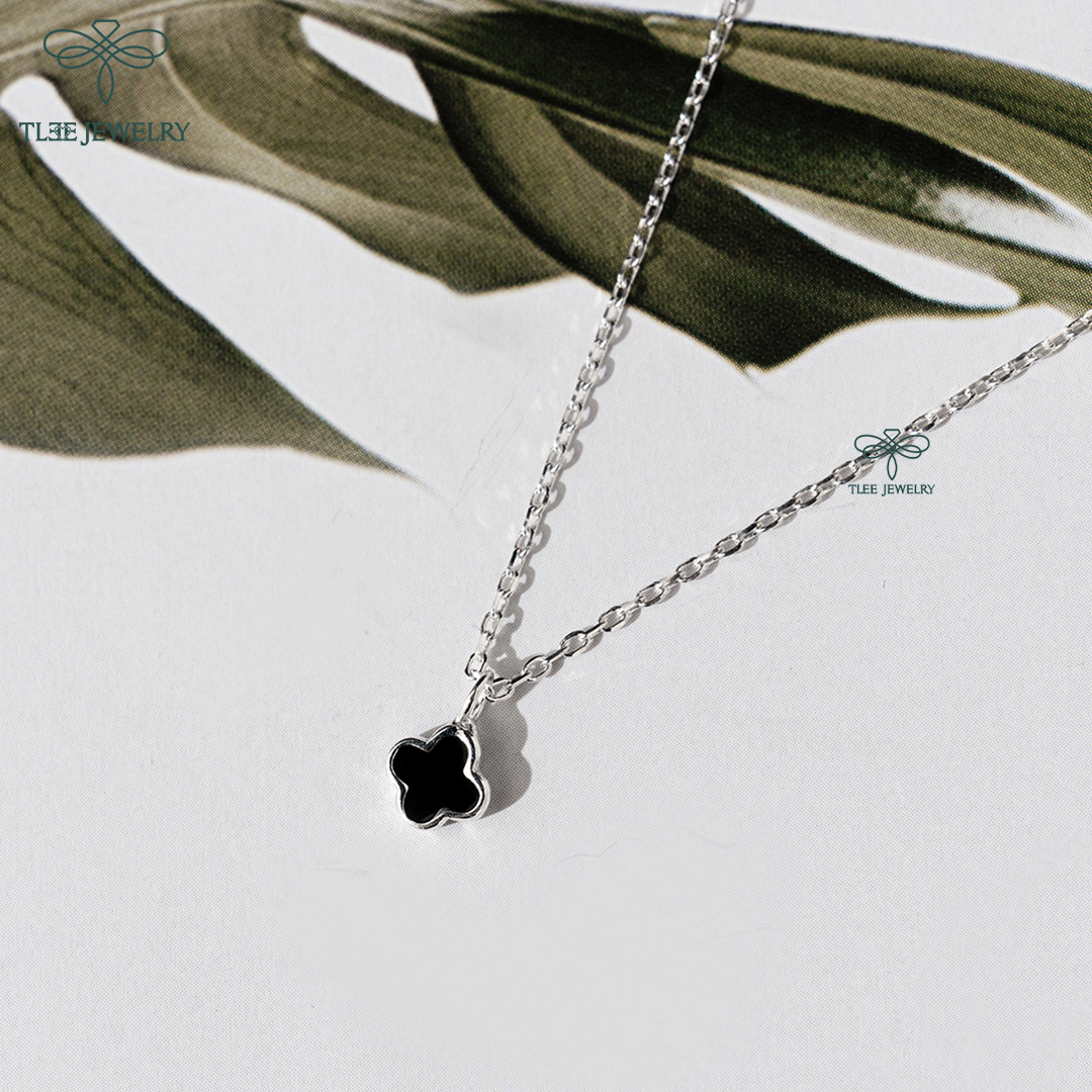Dây chuyền bạc nữ TLEE mẫu cỏ bốn lá đá đen mini basic bạc 925 cao cấp TleeJewelry D0149