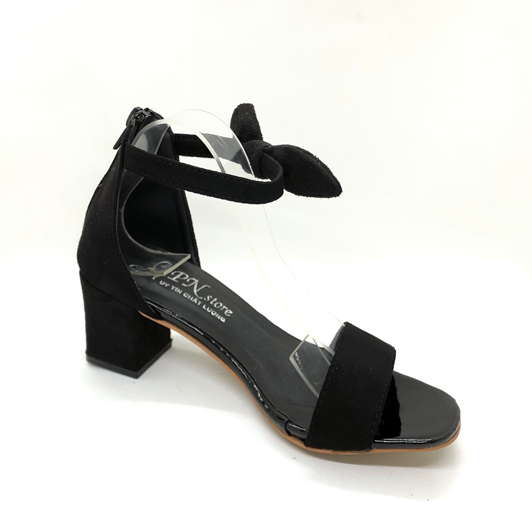 Giày sandal nữ cao gót vuông 5p quai nhung kết nơ vải cổ chân - SD120