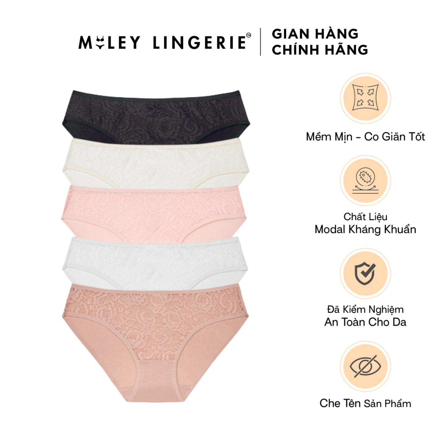 Combo 5 Quần Lót Nữ Modal Phối Ren Trước Chất Liệu Kháng Khuẩn Miley Lingerie - Giao Màu Ngẫu NhiênCombo 5 Women's Modal Panties With Lace Front Remix Miley Lingerie