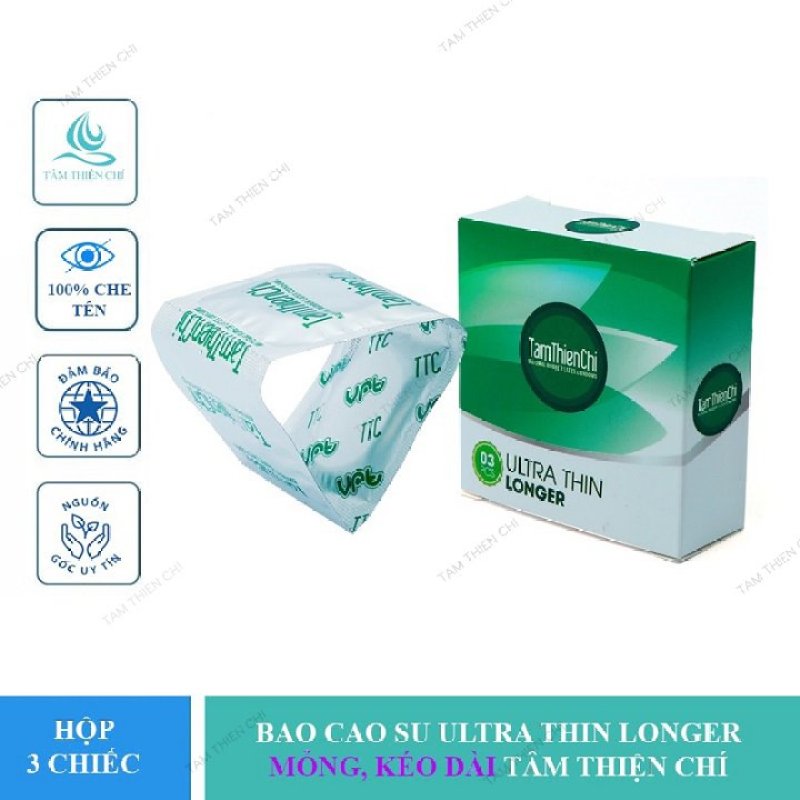 Bao cao su Tâm Thiện Chí Ultrathin Longer mỏng kéo dài hộp 3 chiếc TTC