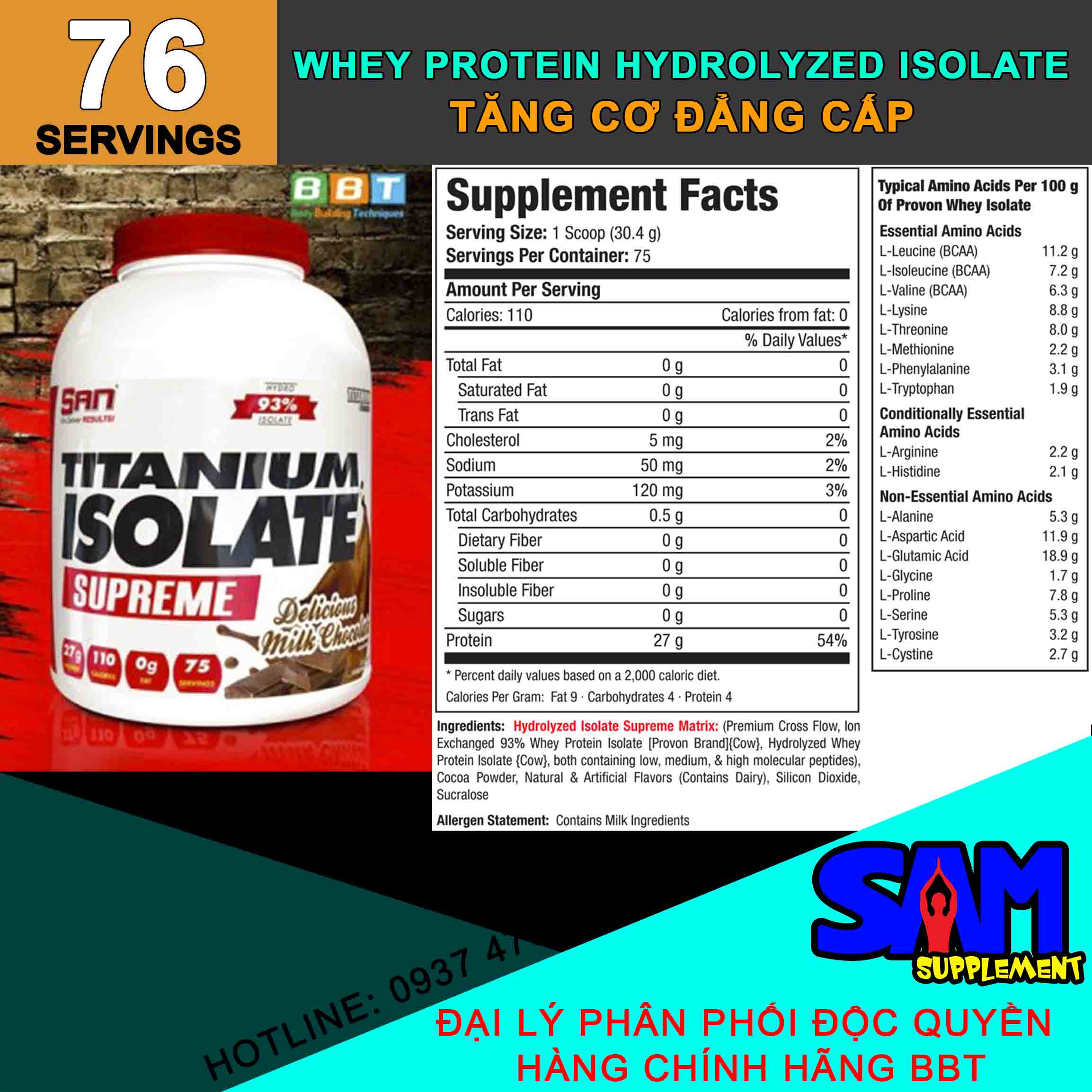 [Hàng Chính Hãng] S.A.N Titanium Isolate - Whey Protein Hydrolyzed Isolate siêu tinh khiết - Hấp thụ cực nhanh - Tăng cơ cực đỉnh - Tem nhãn chính hãng BBT, THOL