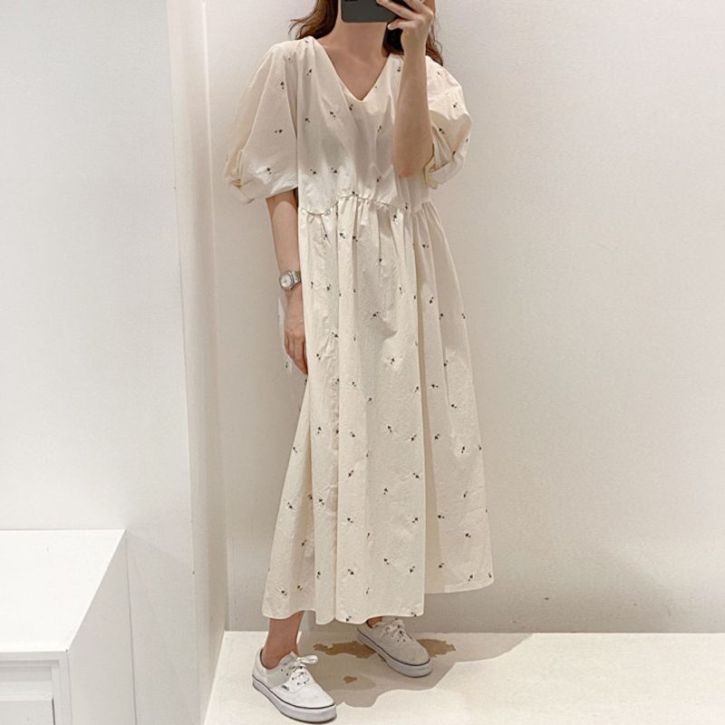 Hàn Quốc Chic Mùa Hè Phong Cách Retro Thêu Hoa Nhỏ Cổ Chữ V Dáng Suông Rộng Thông Dụng Dễ Phối Tay Bồng Đầm Váy Dài Nữ