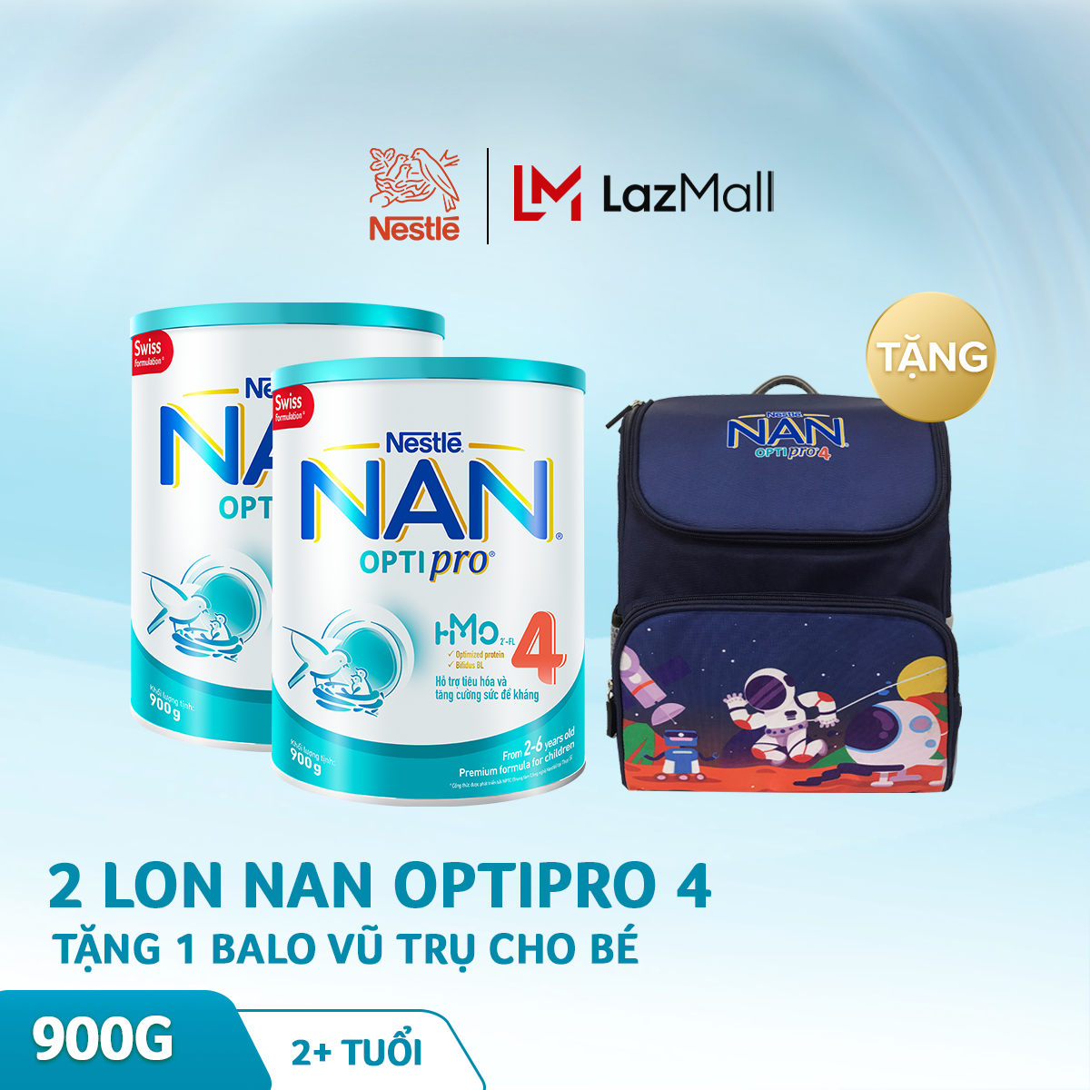 Bộ 2 lon sữa bột Nestle NAN Optipro 4 cho trẻ trên 2 tuổi 900g + Tặng 1 balo vũ trụ cho bé