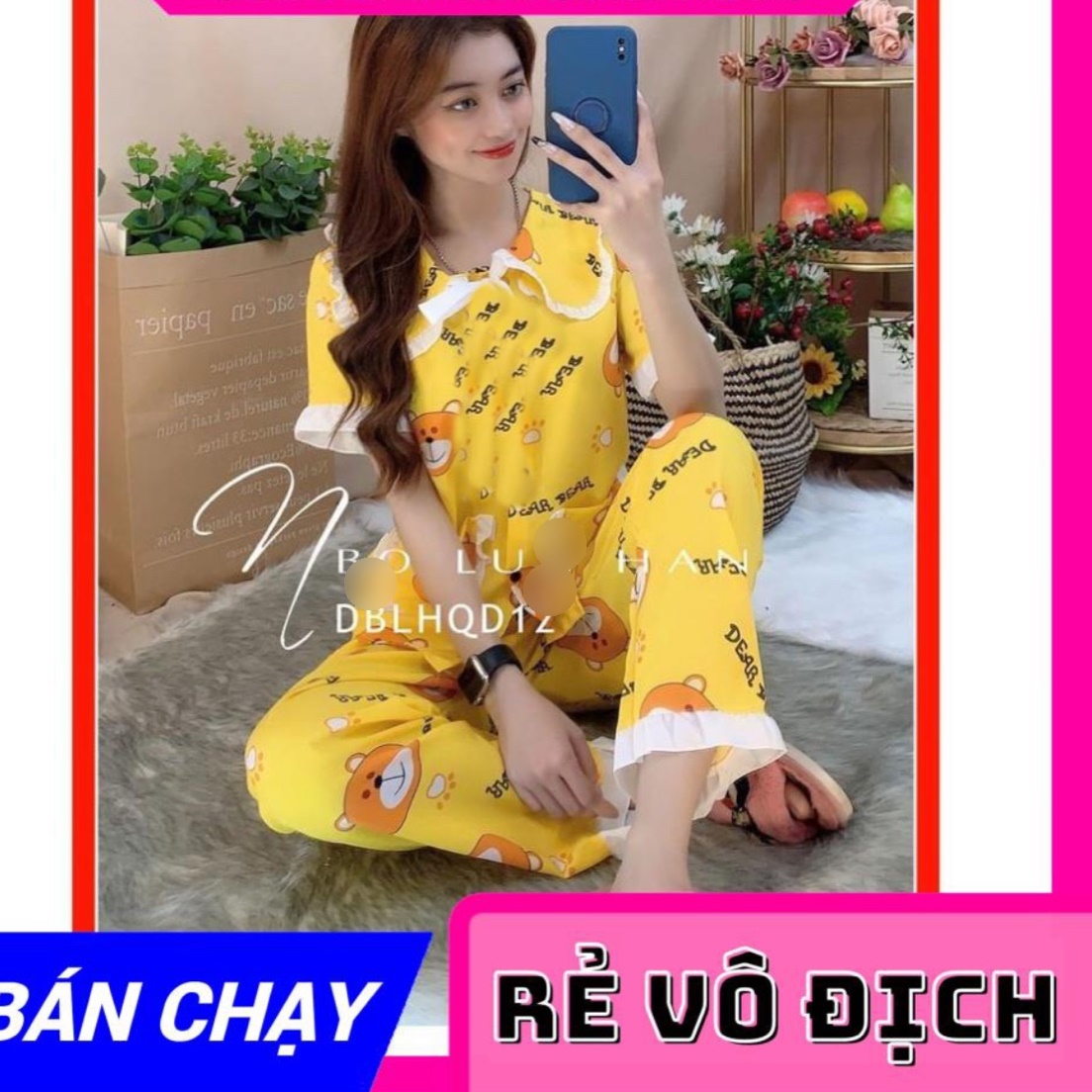 Set Bộ Pijama Tay Ngắn Quần Dài Phối Bèo Vải Lụa Hàn Giao Đúng Màu Hình Tương Tự Freesize dưới 60kg -Đồ Bộ Mặc Nhà Tay Ngắn Quần Dài