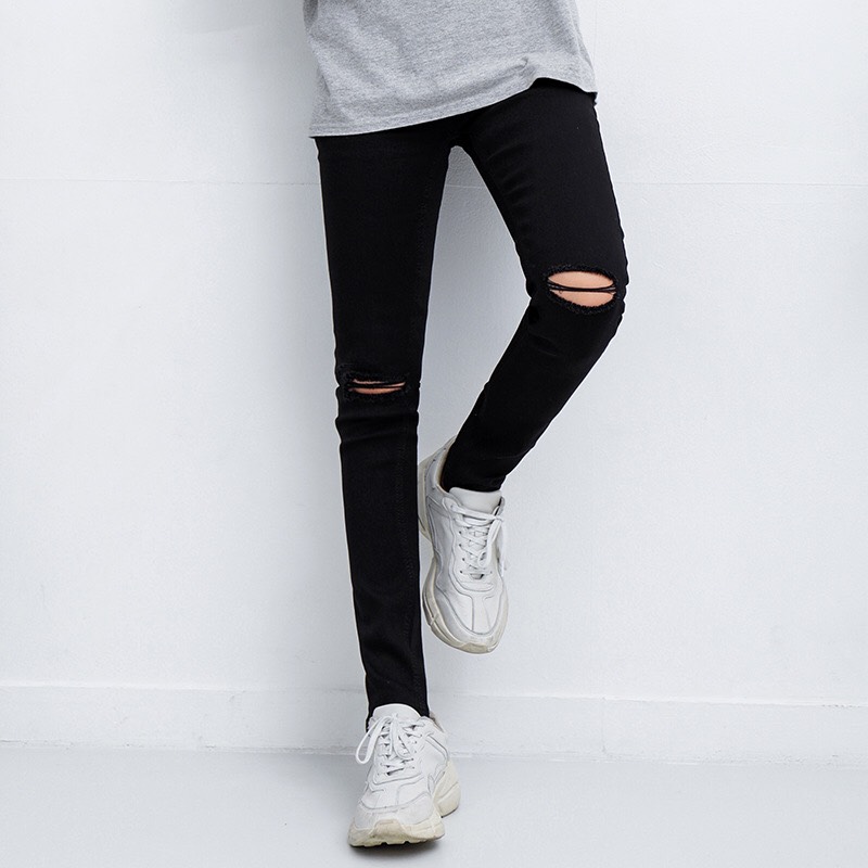 [Hoàn Tiền 15%] Quần Jean Skinny Đen Rách Ngang Gối Vải Dày Co Giãn