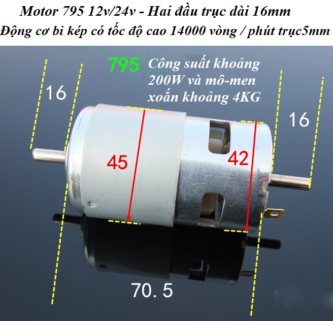 Motor 795 2 bạc đạn 2 trục dài 200W 12V - 24V