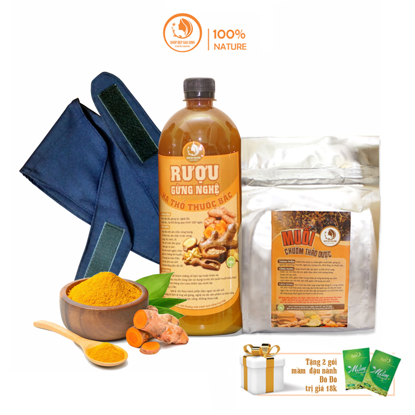 Combo đai quấn muối gừng thảo dược sau sinh (cốt gừng nghệ hạ thổ giảm eo, 1kg muối thảo dược, 1đai quấn)