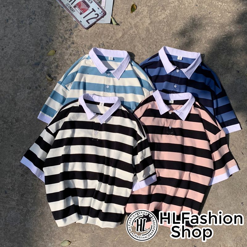 Áo polo thun cổ trụ Unisex sọc ngang to bản lịch sự đơn giản, áo thun có cổ HLFashion