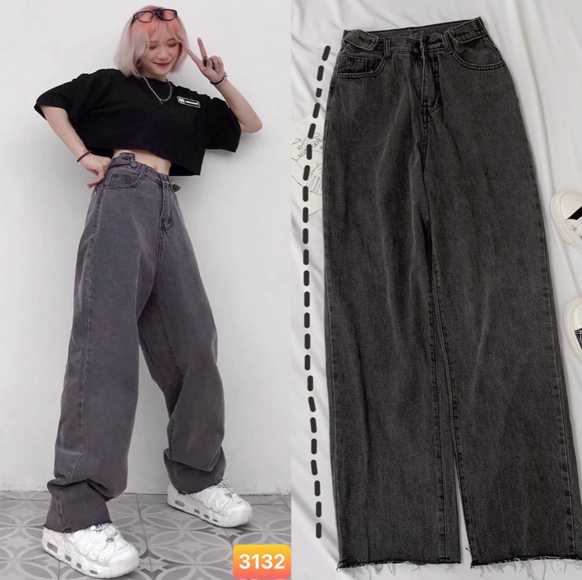 Quần baggy jean đen có nắp túi trước cực đẹp cho cô nàng năng động