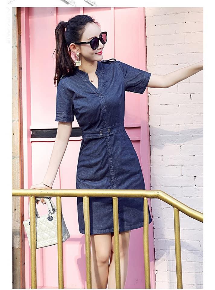 đầm jean phối nút eo cao cấp