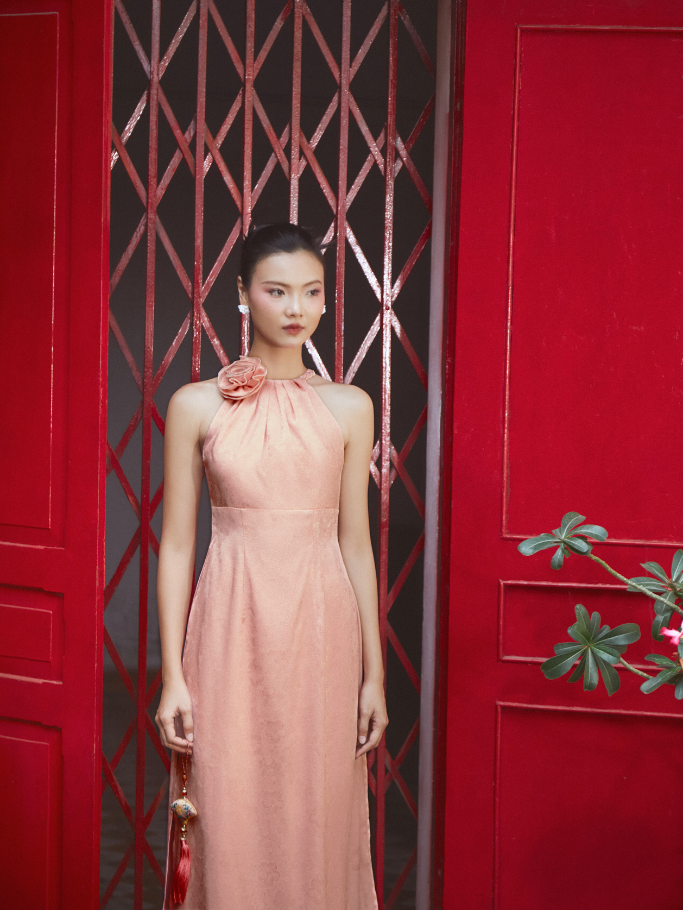 COCO SIN - Set Áo Dài Lụa Gấm Hồng Nude