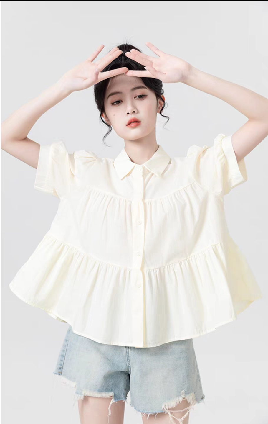 Áo sơ mi nữ ngắn tay babydoll 3 tầng cổ bẻ kiểu Hàn Quốc màu be