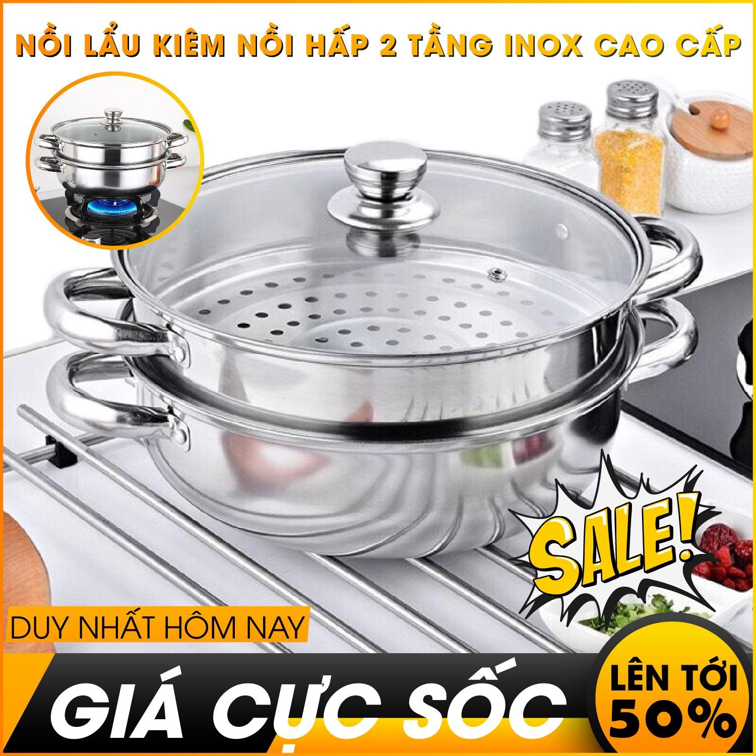 Nồi Hấp Inox 2 Tầng 28cm - cỡ lớn, mặt kính, chất liệu inox, hấp, nấu canh, kho, hầm, dễ xếp gọn lên nhau.