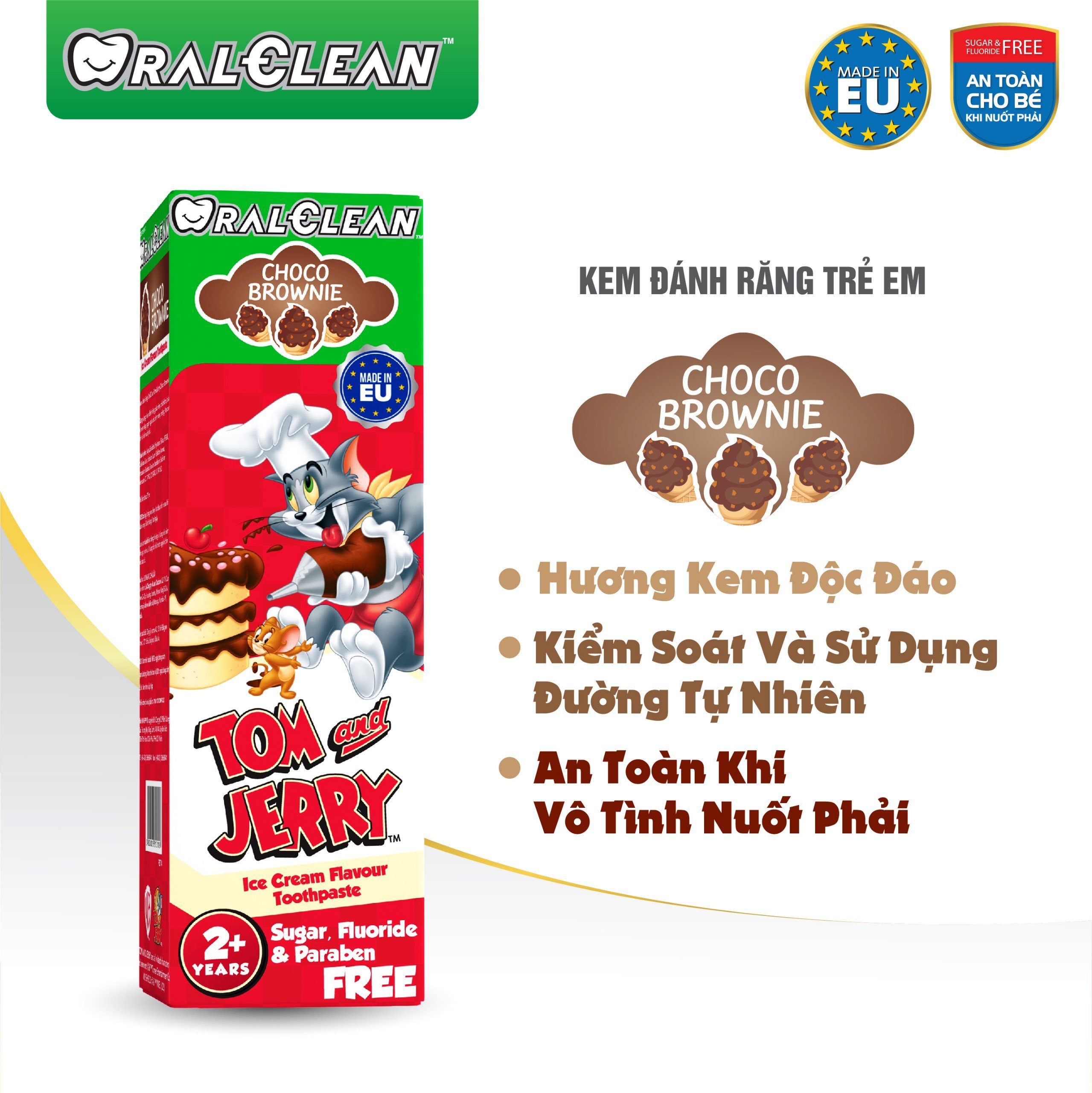 Kem Đánh Răng Cho Bé Socola OralClean Tom And Jerry Choco Brownie 75ml – Ngừa Sâu Răng, An Toàn Cho Trẻ Từ 2 Tuổi