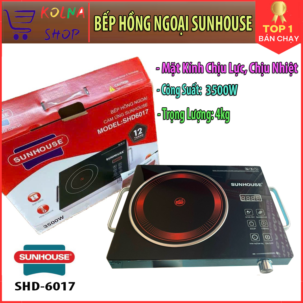 Bếp Hồng Ngoại Đơn Cảm Ứng SUNHOUSE SHD 6017, Bếp Hồng Ngoại Cảm Ứng Không Kén Nồi, Công Suất 3500W, Sử Dụng Được Mọi Loại Nồi