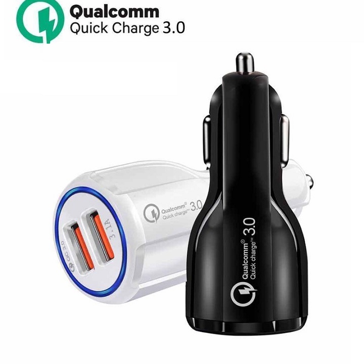Tẩu sạc ô tô QC3.0 2 cổng USB 5V 3A sạc siêu nhanh LED viền tẩu sạc nhanh