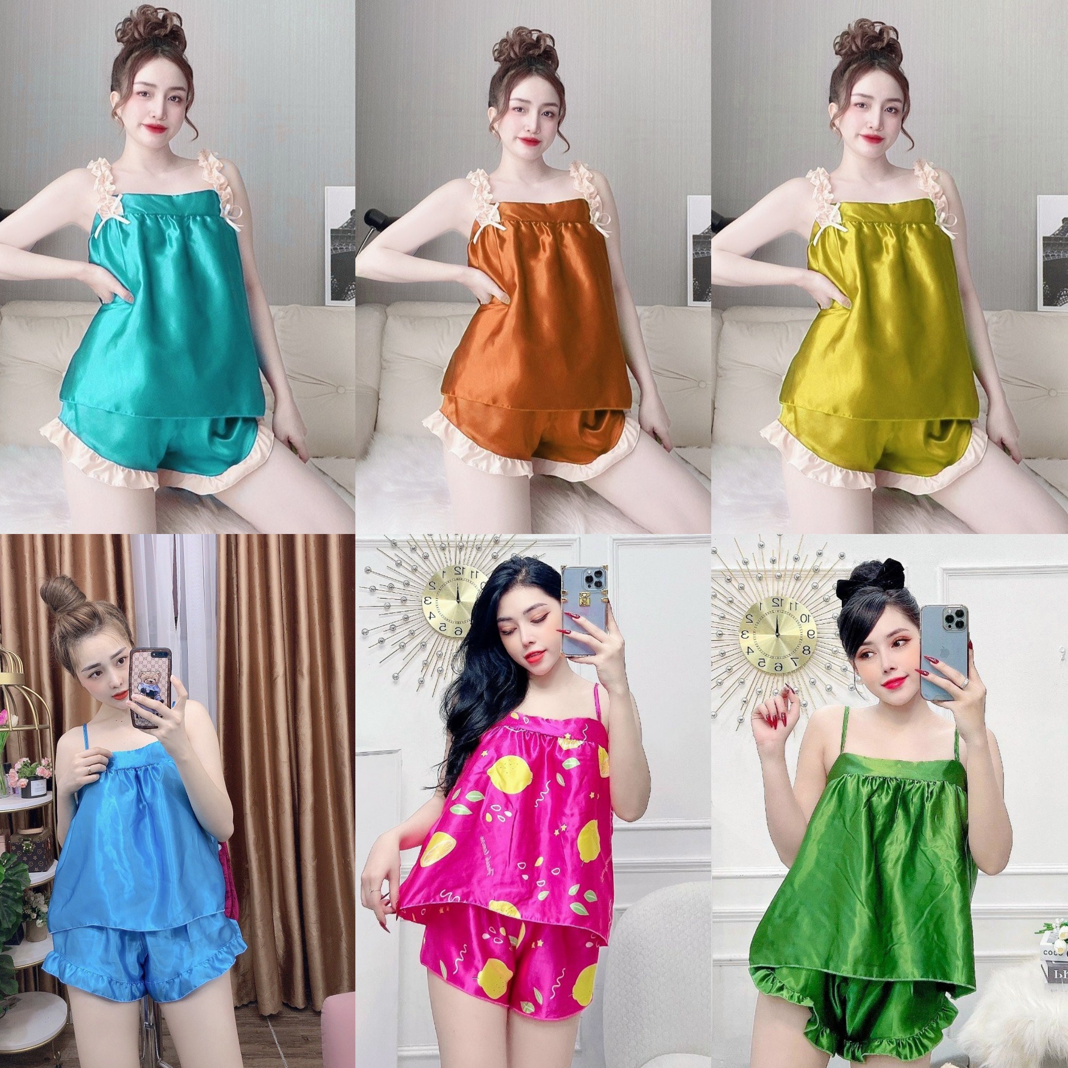 Bộ đồ ngủ Sexy 2 dây phi lụa phối bèo dễ thương Freesize dưới 57kg