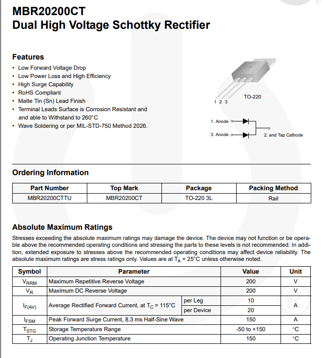 Bộ 2 Diode xung đôi Cathode chung MBR20200 MBR20200CT 20A 200V TO-220