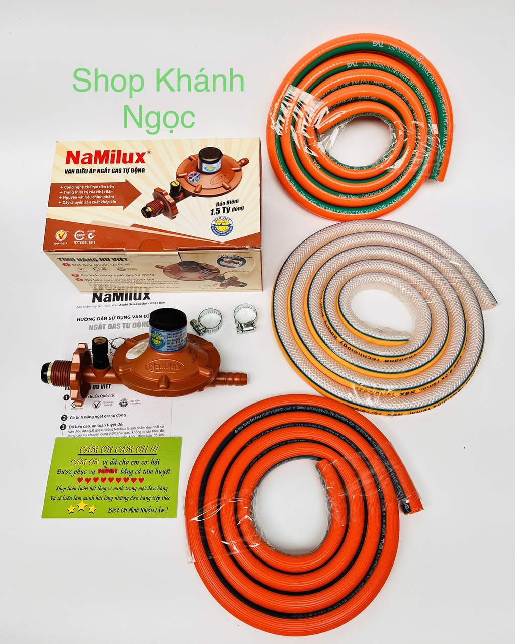 Van gas tự động NAMILUX +DÂY dẫn gas đai siết- Tự động ngắt gas, Lắp cho Tất cả các bình gas, Trừ bình đỏ,Xanh van chụp