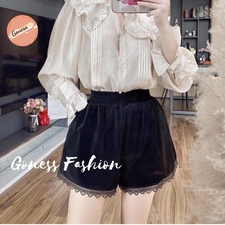 Quần short ngắn nữ Goness Sooc cạp cao vải nhung phối ren cao cấp tôn dáng 206