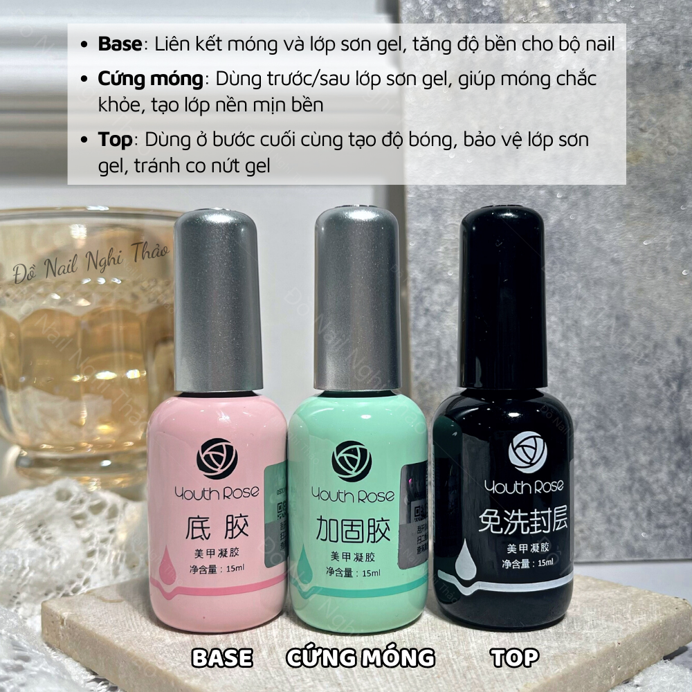 Base top hoa hồng, sơn liên kết móng Nghi Thảo 15ml