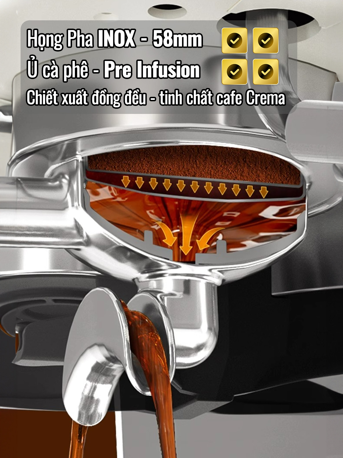 Máy pha cafe espresso CF07PLUS nâng cấp tích hợp xay 20 mức độ, với 2 boilers độc lập cùng·chế độ định lượng flow meter, họng pha inox 58mm