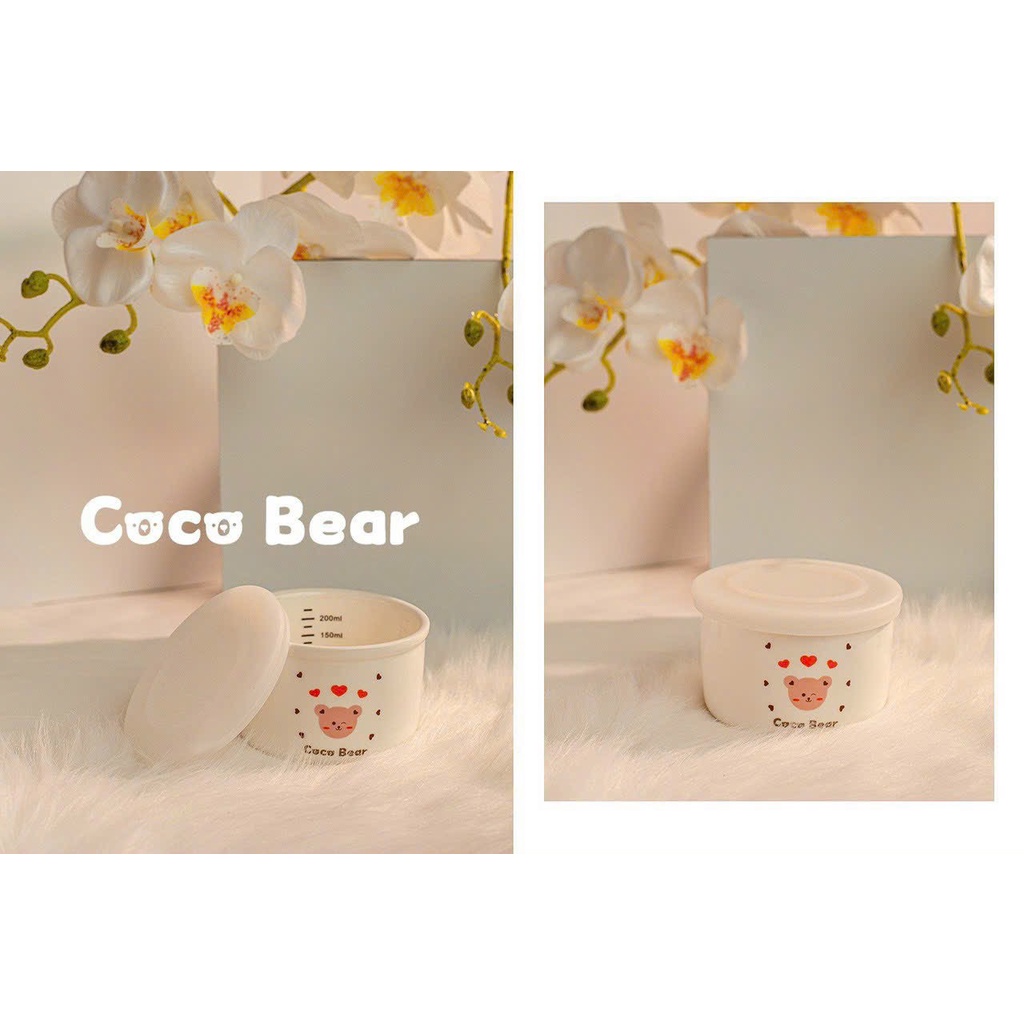 Hũ sứ chia vạch coco bear nấu đồ ăn dặm, trữ đông thức ăn cho bé kèm nắp đậy phong cách hàn quốc