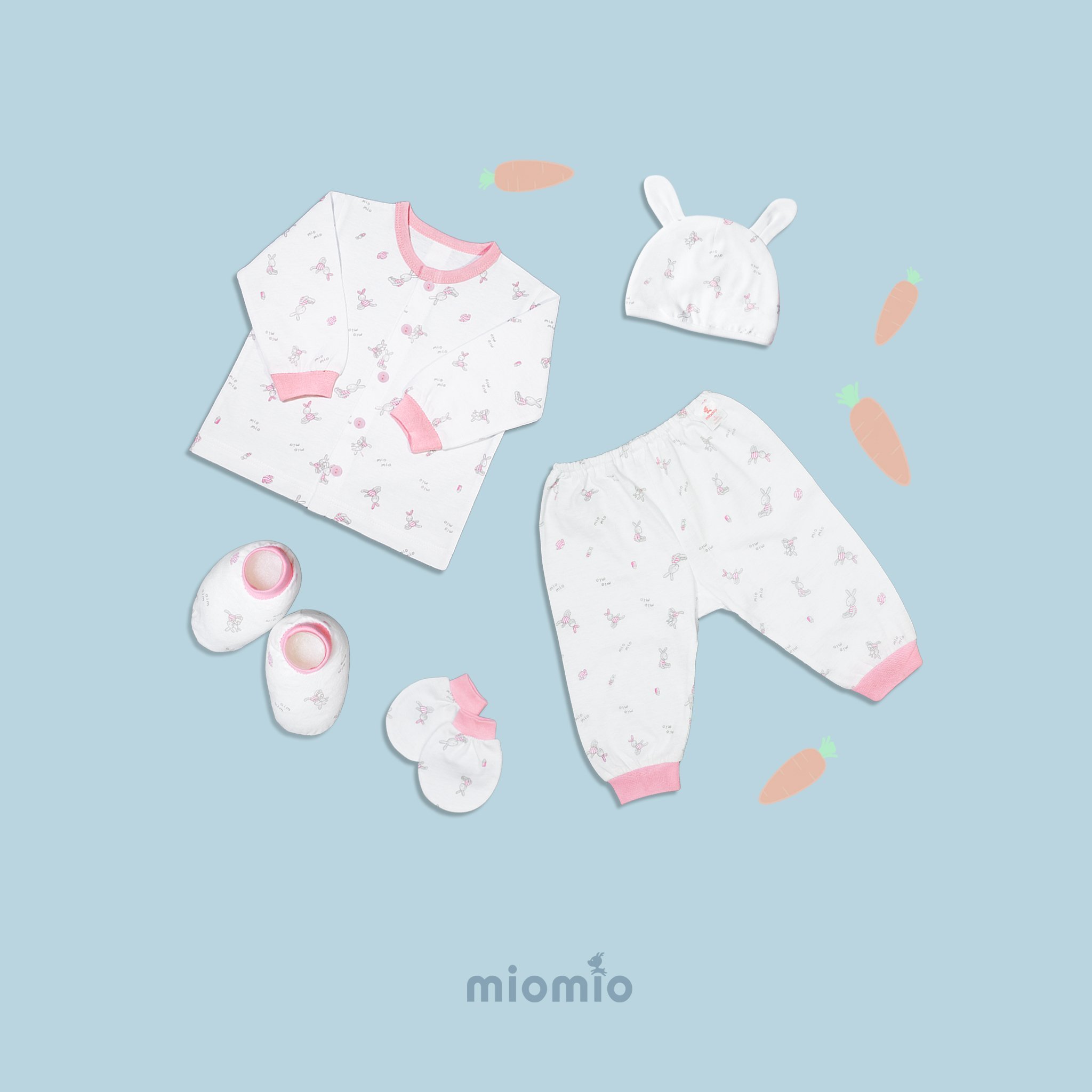 Set 5 món đồ dài sơ sinh miomio , hoạ tiết: thỏ, sọc, mèo mây, mặt mèo, xe nôi, cho bé trai, bé gái , vải cotton