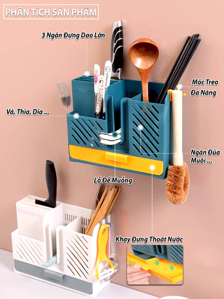 Wall-Mounted Chopsticks and Spoon Box with Lid and 3 Hooks Drainage Tray  Anti-Dirt Ecoco Super Adhesive Stickers