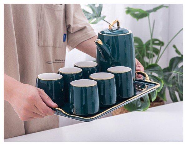 Bộ ấm chén pha trà cà phê kèm khay, bộ cốc chén pha trà cafe kèm khay xanh cổ vịt viền vàng cao cấp