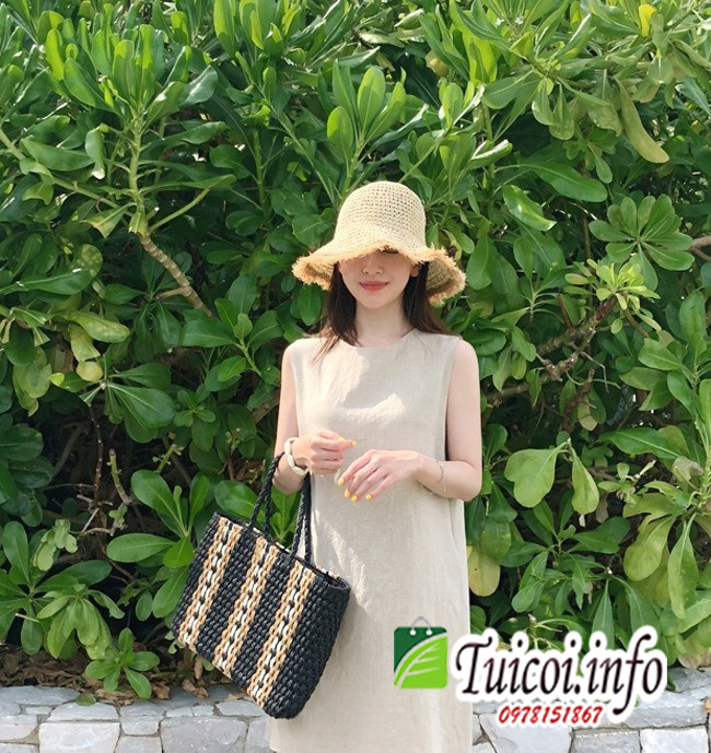 Túi cói cỡ lớn 3 kẻ sọc