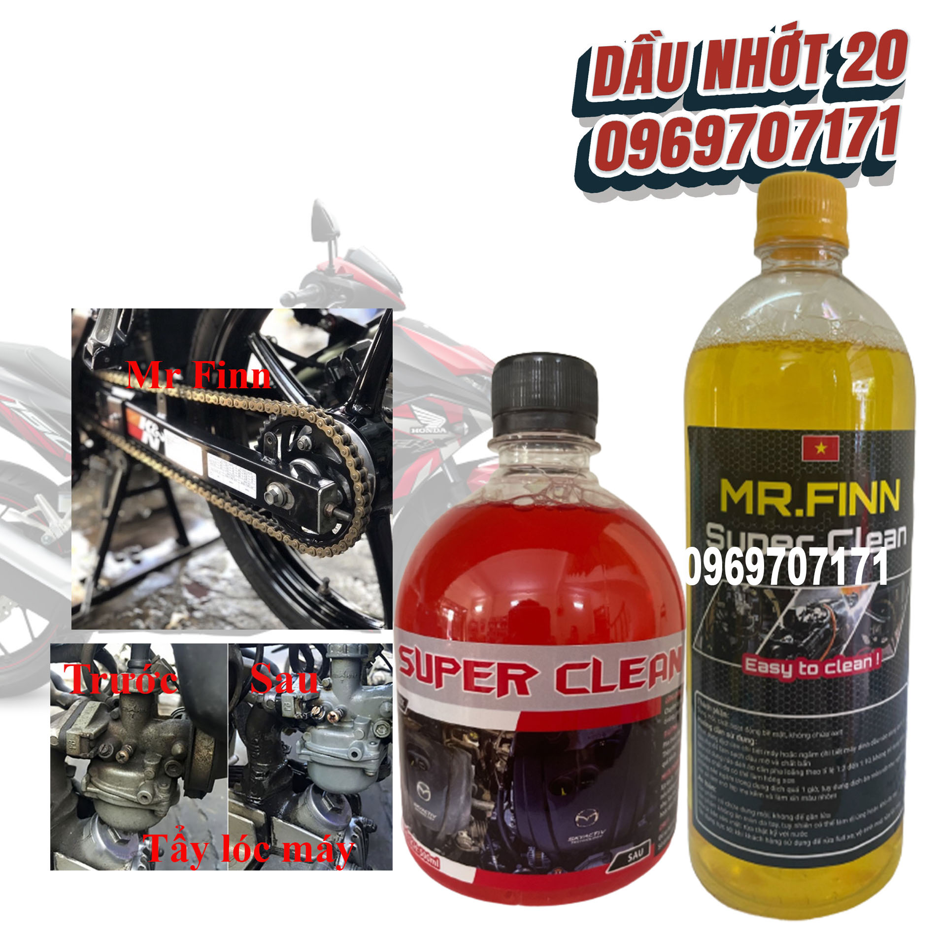 Dung dịch tẩy rửa đầu bò lốc máy không chạm siêu mạnh super clean tẩy rửa ố vàng trên mọi vậy liệu như nhôm kèm dung dịch vệ sinh dầu mỡ, tẩy rửa dầu nhớt mr.finn super clean mr finn mr.fin mr fin chai 1l