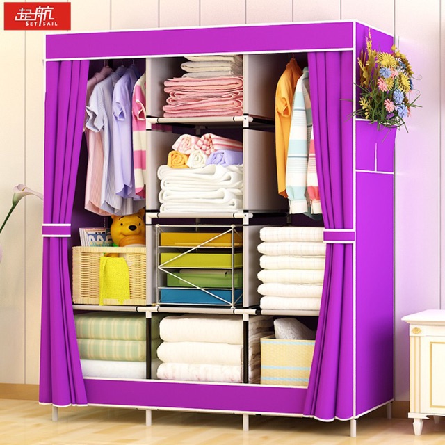 TỦ vải đựng quần áo 3 buồng 8 ngăn khung sắt
