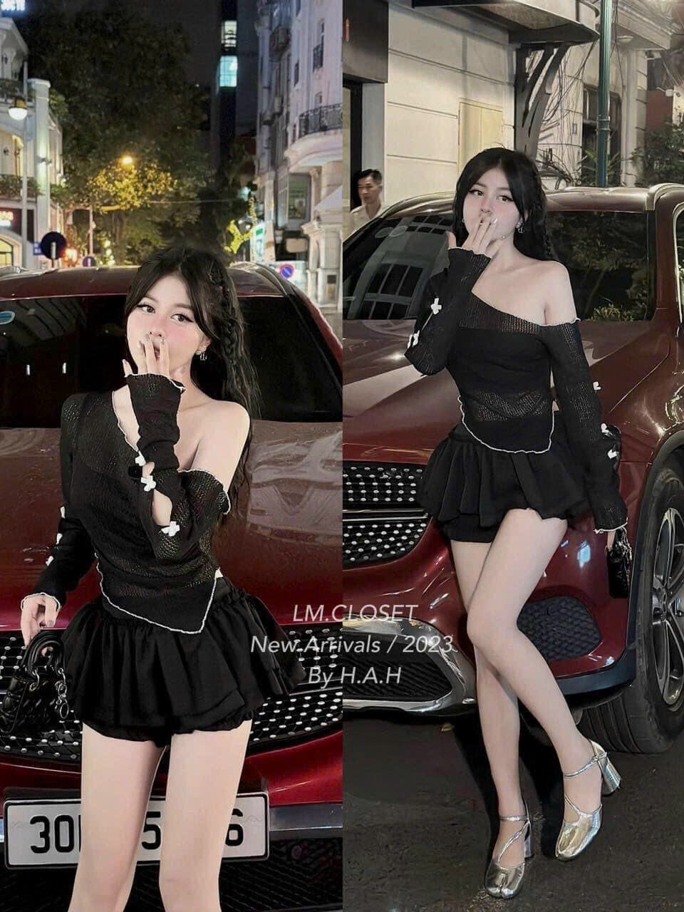 Sét  váy bẹt vai tay đính nơ