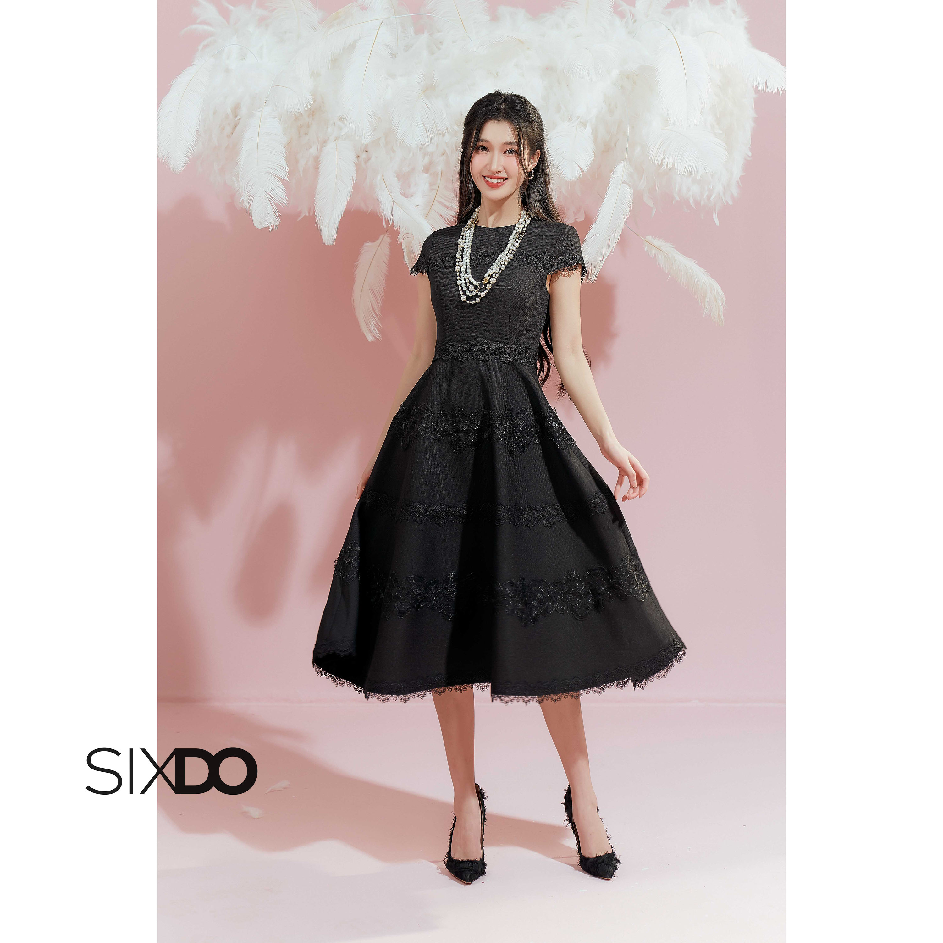 Đầm thô đen dáng xòe sixdo