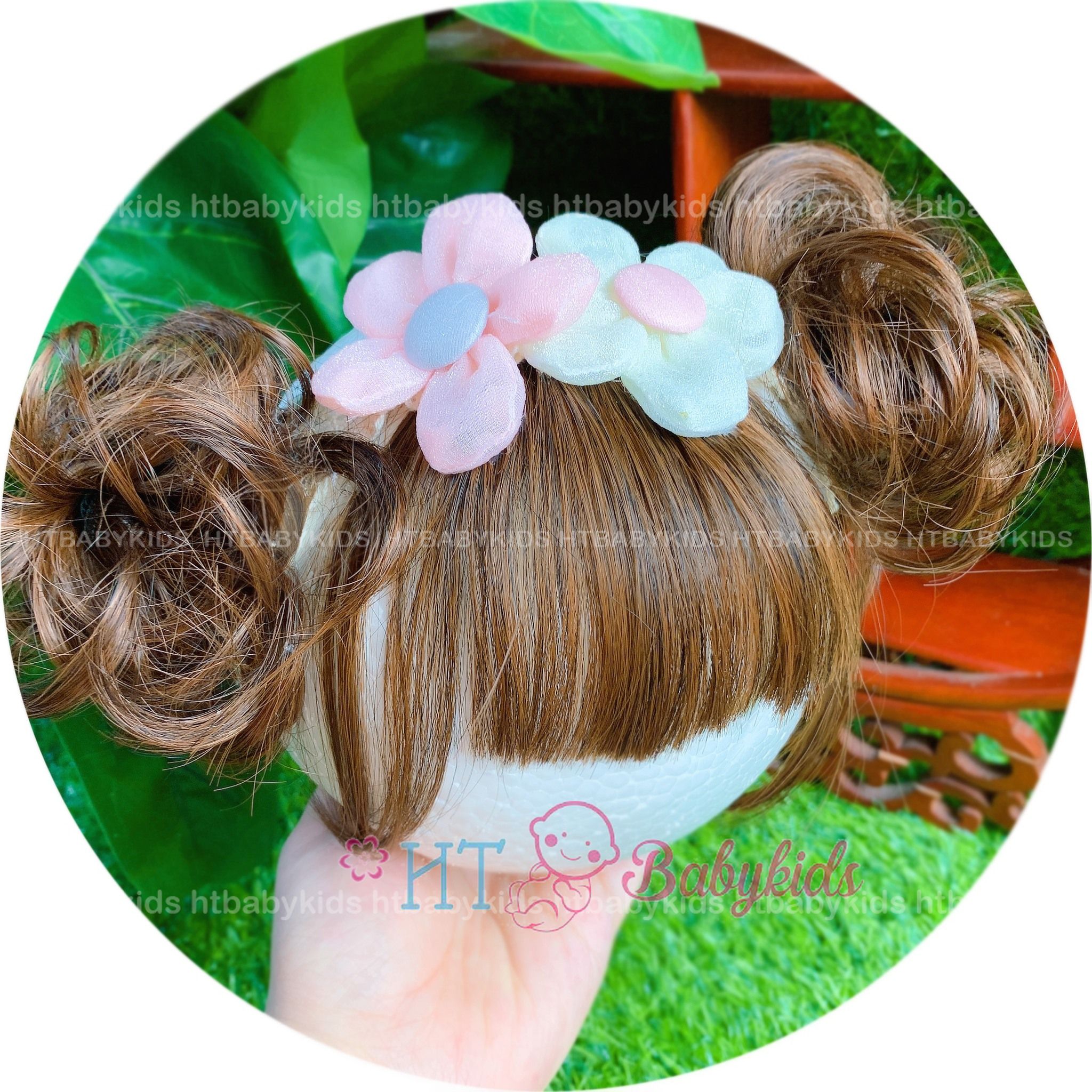 Turban băng đô bông mai tóc giả 2 búi xoăn tròn cho bé gái