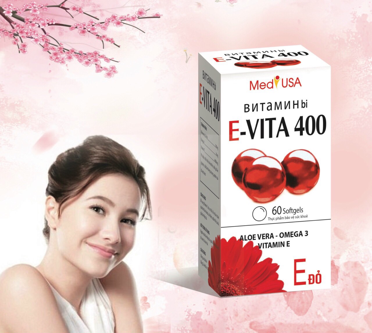 Viên uống đẹp da Evita 400 vitamin E đỏ Nga - Giúp Da Trắng Sáng, Mờ Các Vết Thâm Sẹo, Nám Tàn Nhang-Hộp 60 Viên - - Viên uống