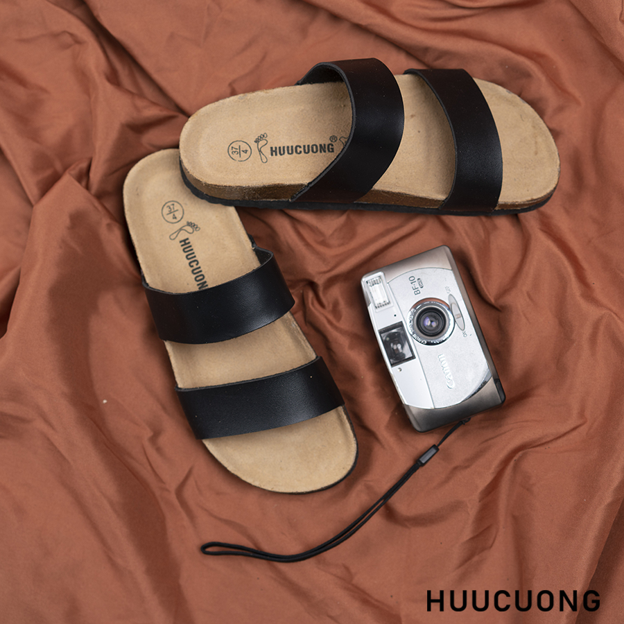 Dép đế trấu unisex 2 quai da pu đen