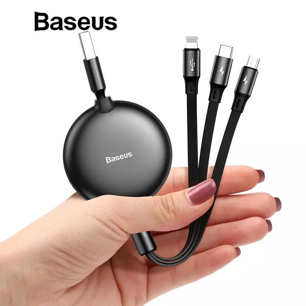 Cáp sạc đa năng siêu bền 3 đầu chuẩn Micro USB, Iphone Ipad, Type C thiết kế dây rút tiện dụng sạc 3 thiết bị một lúc đến từ thương hiệu Baseus