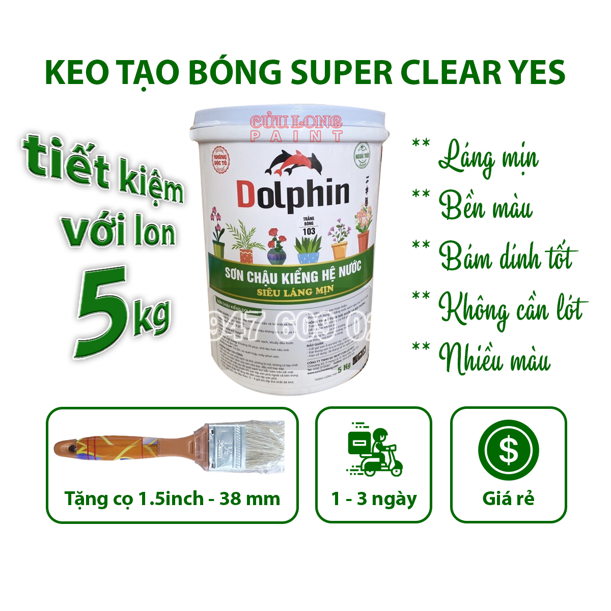 (TẶNG CỌ) Sơn Chậu Kiểng Nước Dolphin Loại 5KG (Nhanh Khô, Bền Màu)