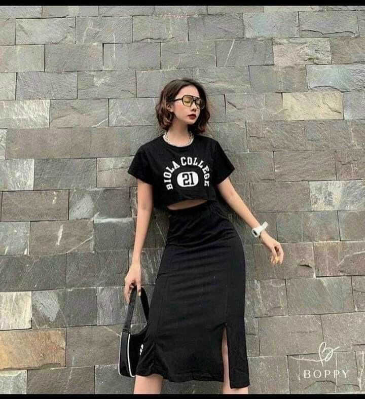 Set áo croptop và chân váy xòe body sang chảnh thời trang- qc